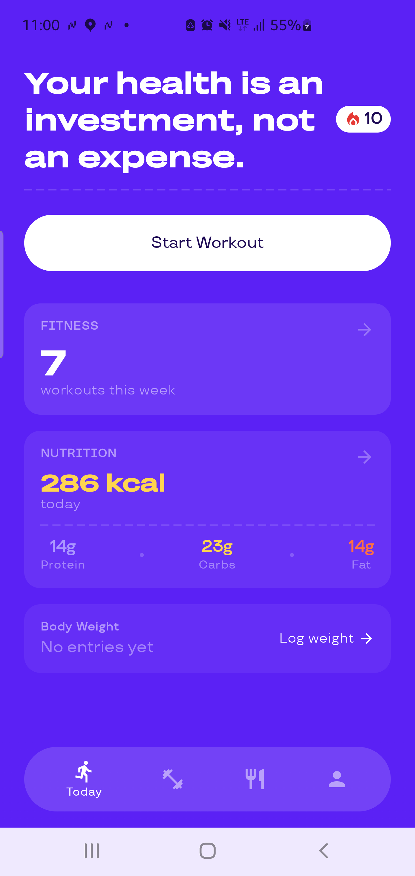Better app — Today screen showing workout and nutrition summary